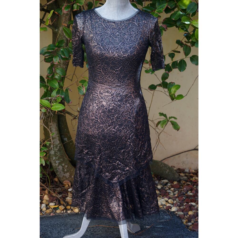 VTG Rickie Freeman Teri Jon Black Metallic Gold Lace Sheath Cocktail Dress SMALL